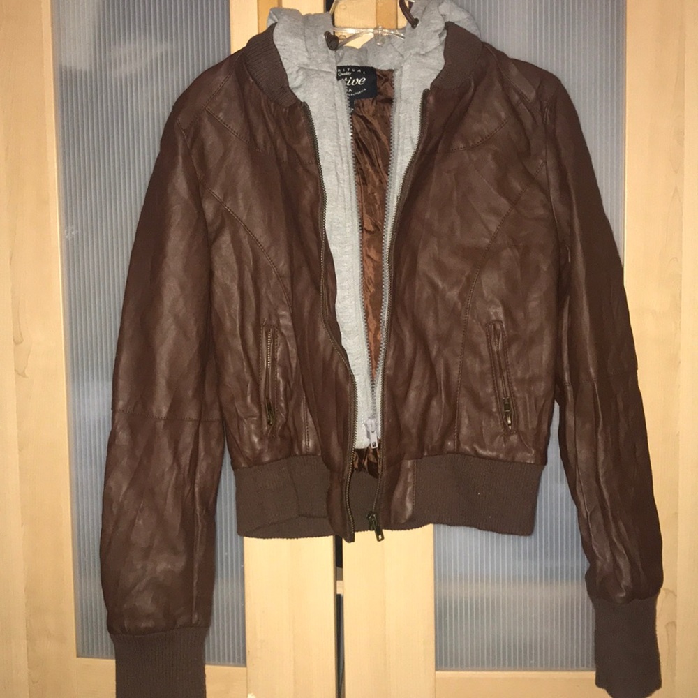 Brown faux leather hoodie jacket - SIZE S
